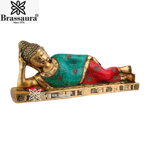 Brassaura® Buddha Sleeping Reclining Idol with Gem Stone Work Finish | Pure Superfine Brass Handcrafted Murti | Brass Statue for Home Temple, Pooja Room | Height 9 Inches | Weight 10 Kgs