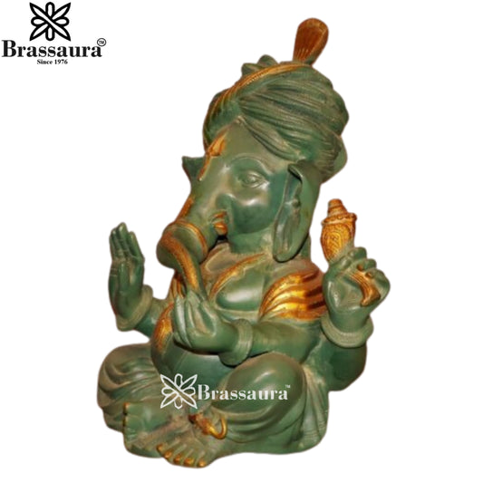 ब्रासौड़ा® टील ग्रीन एंटीक गणेश ब्रास स्टैच्यू | विंटेज डुअल टोन फ़िनिश | ऊंचाई 17 इंच