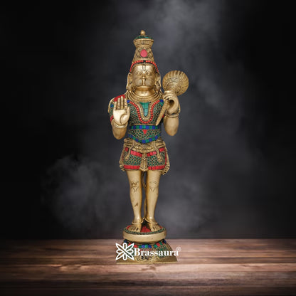 Brass Gem Stone Work Hanuman Statue Weight 9.2 Kg And Height 21 Inch