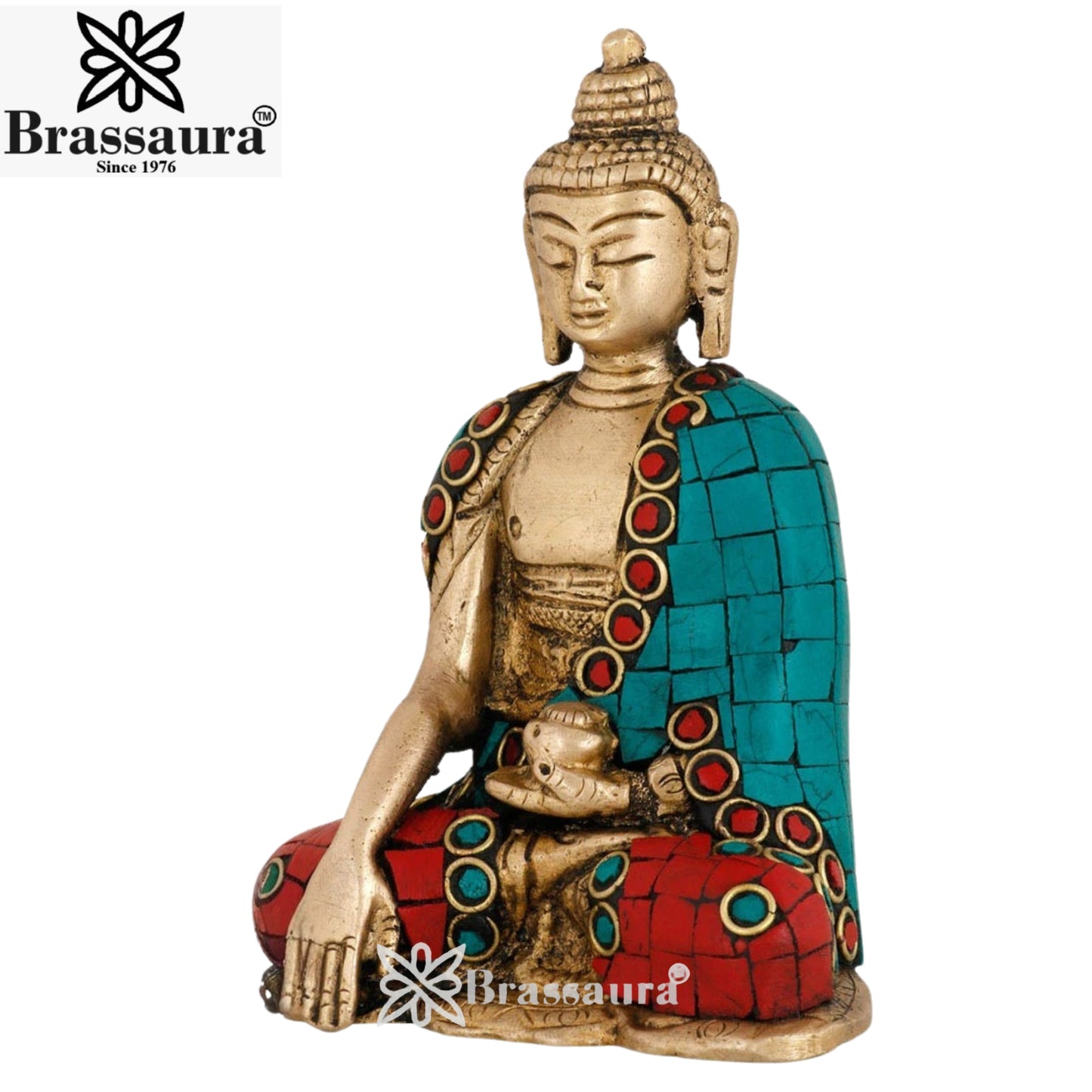 Brass Blessing Gem Stone Work Buddha Weight 1.3 kg & Height 6 Inch