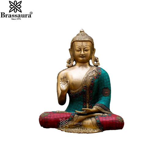 Brassaura® Buddha Sitting in Blessing Mudra Idol with Gem Stone Work Finish | Pure Superfine Brass Handcrafted Murti | Brass Statue for Home Temple, Pooja Room | Height 12 Inches | Weight 6.2 Kgs