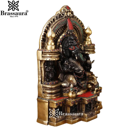 Brassaura® Grand Lord Ganesha with Prabhavali & Stonework | Brass Idol | Height 34 Inches