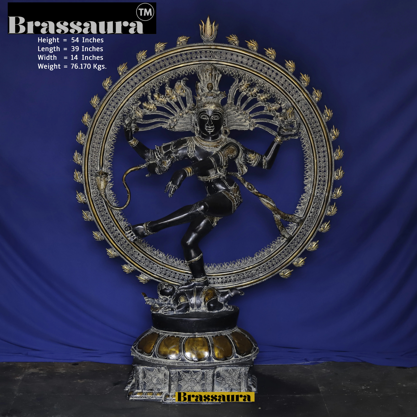 Brassaura™ Brass Nataraja Idol with Ornamental Frame – 54 inch | 76.17 kg | Antique Finish | Dancing Shiva Statue for Temple, Home & Cultural Decor