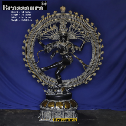 Brassaura™ Brass Nataraja Idol with Ornamental Frame – 54 inch | 76.17 kg | Antique Finish | Dancing Shiva Statue for Temple, Home & Cultural Decor