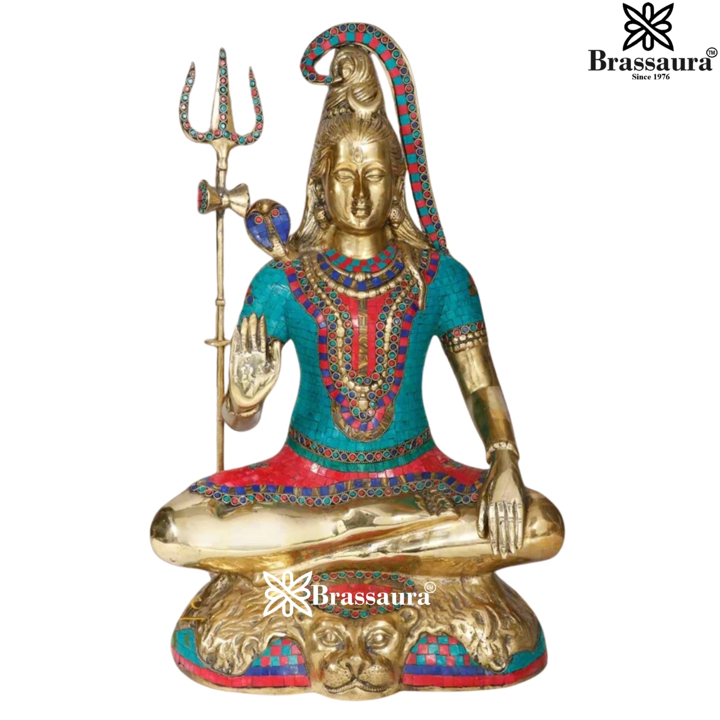 Brassaura™ Brass Gem Stone Work Lord Shiva Murti – Height 24 Inches & Weight 18.5 Kgs | Devotional Home Décor