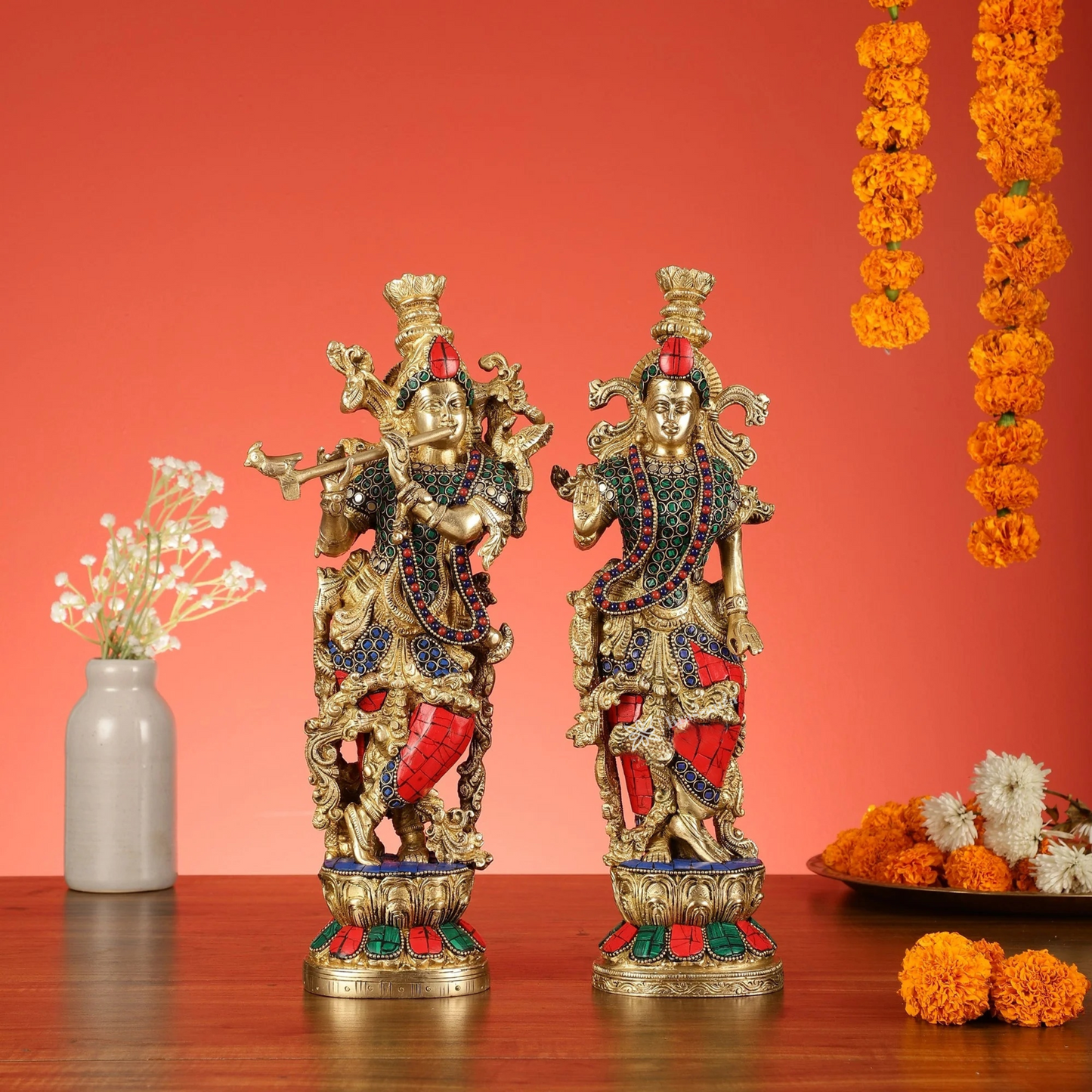 Brassaura™ Handcrafted Brass Radha Krishna Statue with Natural Stones – Height 14 Inches & Weight 8.5 Kgs | Elegant Devotional Idol