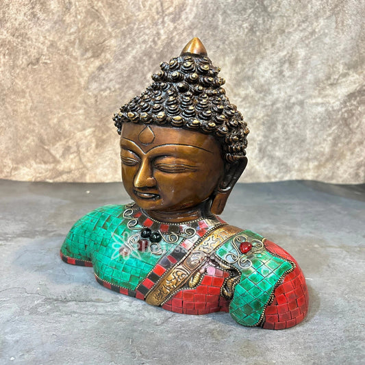 Brassaura® Buddha Bust Idol with Green & Red Gem Stone Work Finish | Pure Superfine Brass Handcrafted Murti | Brass Statue for Home Temple, Pooja Room | Height 10.5 Inches | Weight 3.4 Kgs