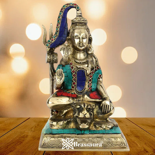 Brass Gem Stone Work Shiva Weight 2.5 Kg & Height 9 Inch