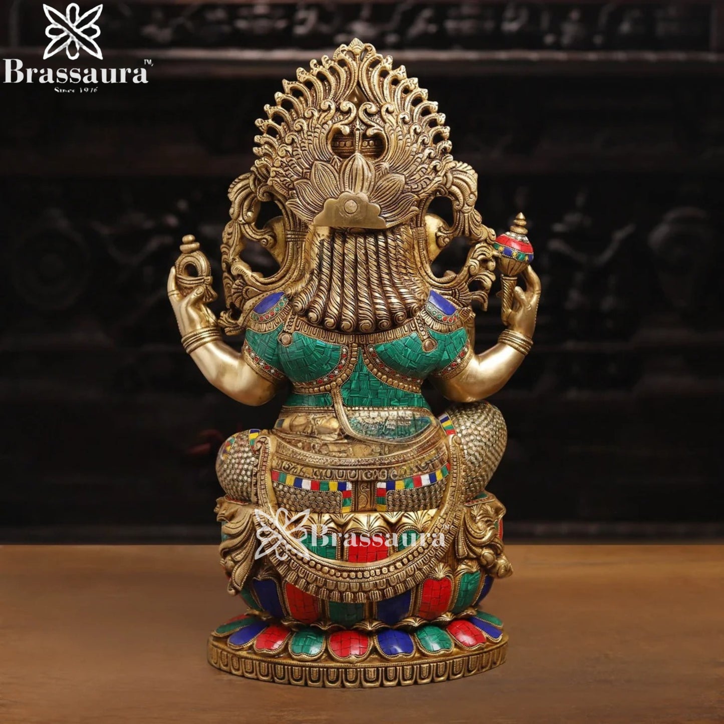 Brass Gem Stone Work Lotus Ganesha Weight 35 Kg & Height 26 Inch