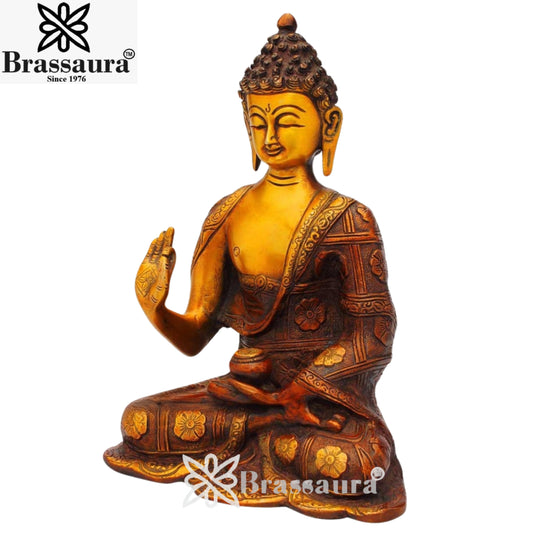 Brassaura® Vintage Buddha Idol for Home & Décor | Pure Superfine Brass Handcrafted Murti, Brass Statue for Home Temple, Pooja Room | Height 10 Inches | Weight 3.6 Kg