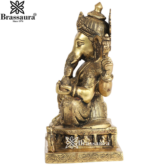 Brassaura® Chola Inspired Golden Brass Ganesha Idol | Intricate Carved Base | Height 14 Inches