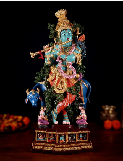 Brassaura™ Pure Brass Hand-Painted Lord Krishna with Cow Statue – Height 29 Inches & Weight 35 Kgs