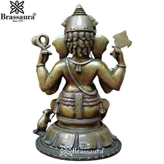 Brassaura® Lord Ganesha on Tortoise Brass Statue with Antique Finish | Pure Brass | Height 13 Inches & Weight 17.70 kgs