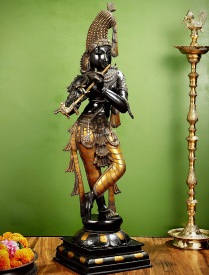 Brassaura™ Superfine Brass Krishna Murlidhar Idol – Height 36 Inches & Weight 27 Kgs | Black Antique Finish