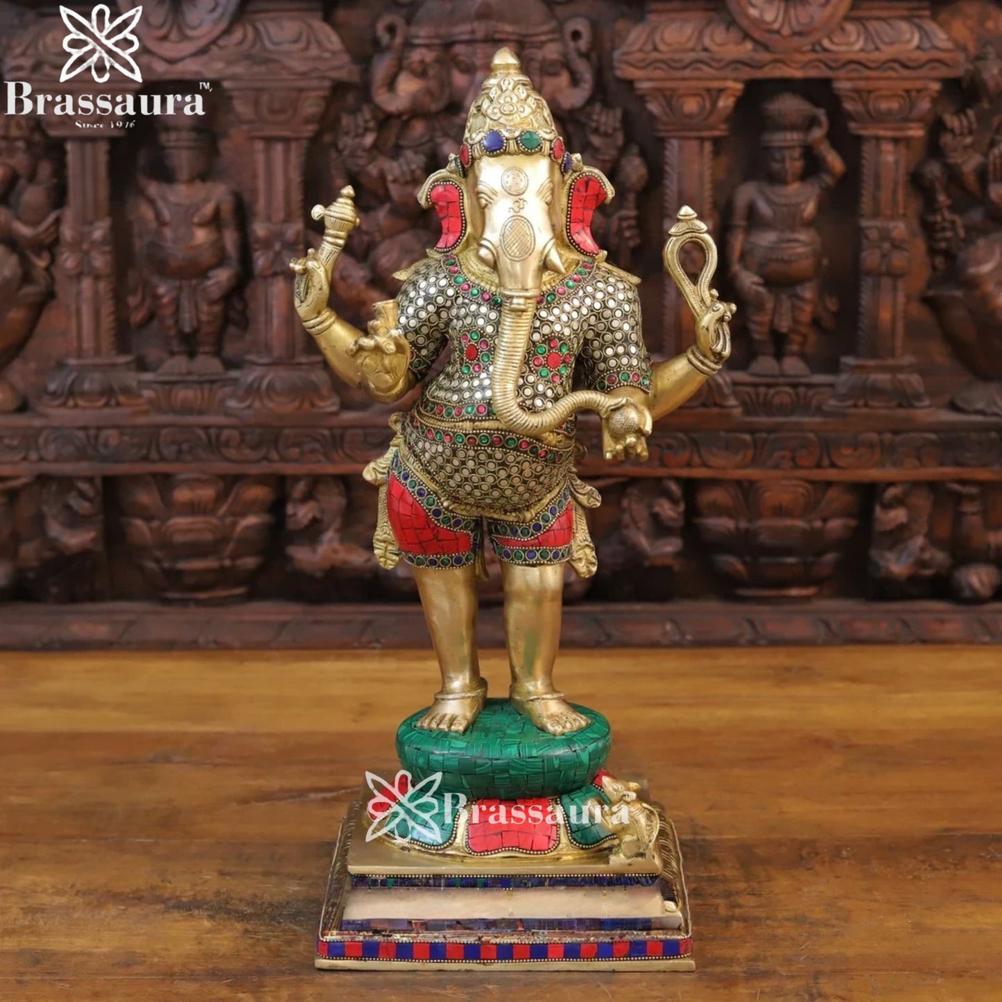 Brass Gem Stone Work Standing Ganesha Weight 11 Kg & Height 19.5 Inch