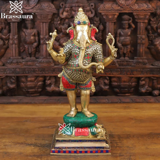 Brass Gem Stone Work Standing Ganesha Weight 11 Kg & Height 19.5 Inch