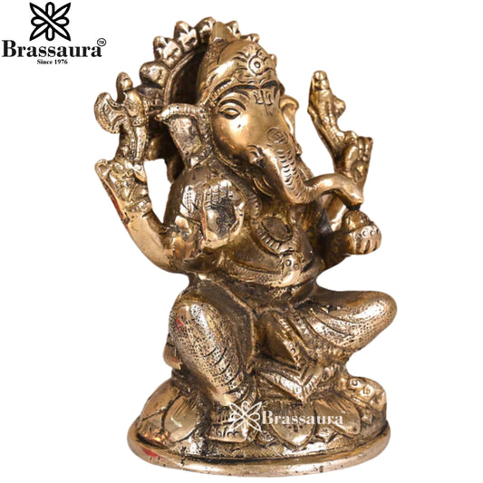 Brassaura® Compact Seated Ganesha Brass Idol | Intricate Four-Handed Form | Height 4 Inches