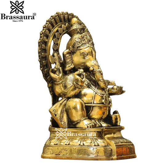 Brassaura® Ganesha with Prabhavali Brass Idol | Temple Style Intricate Design | Height 14 Inches