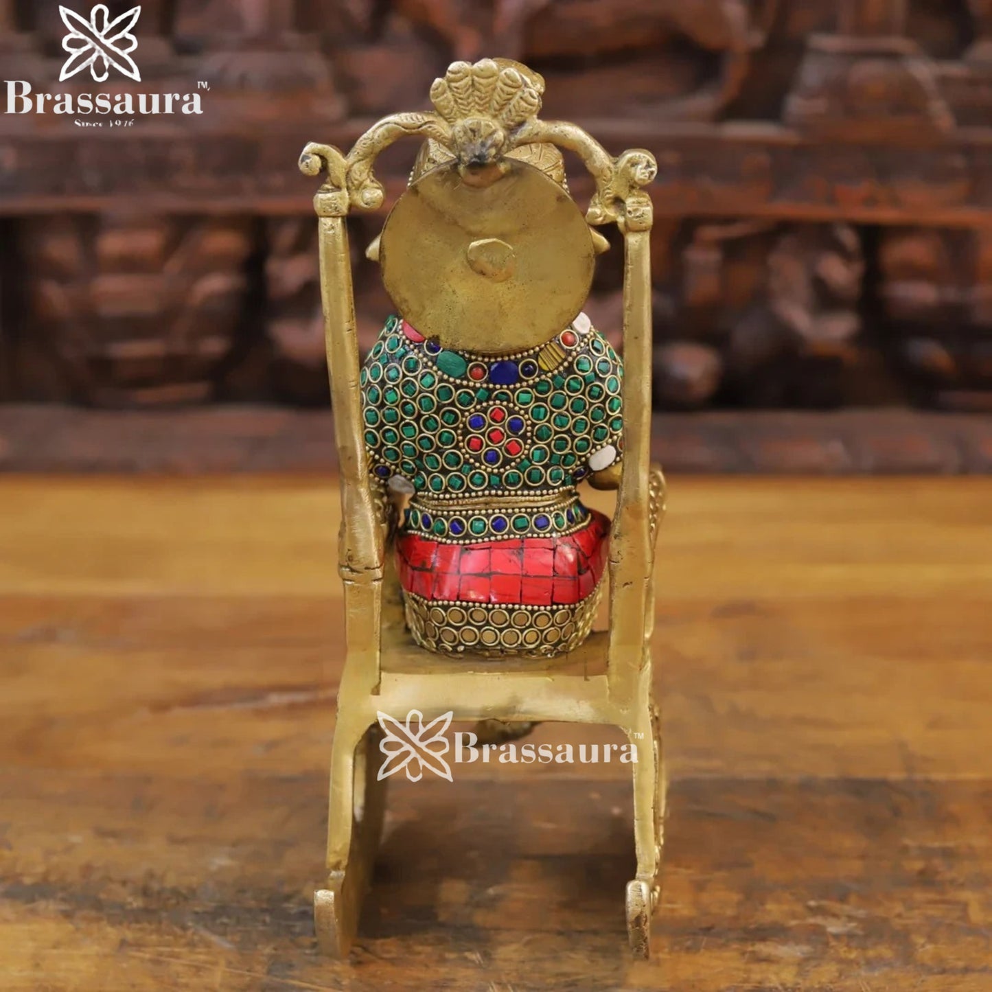 Brass Gem Stone Work Chair Ganesha Weight 3.56 Kg & Height 11 Inch