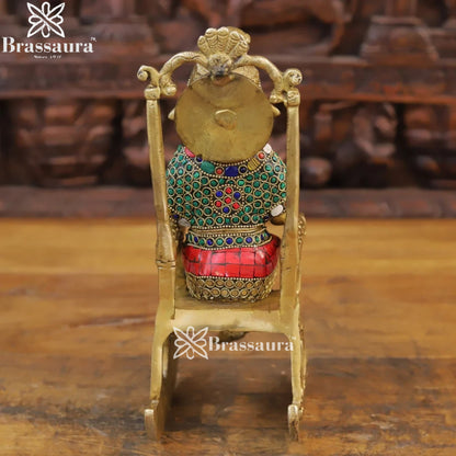 Brass Gem Stone Work Chair Ganesha Weight 3.56 Kg & Height 11 Inch