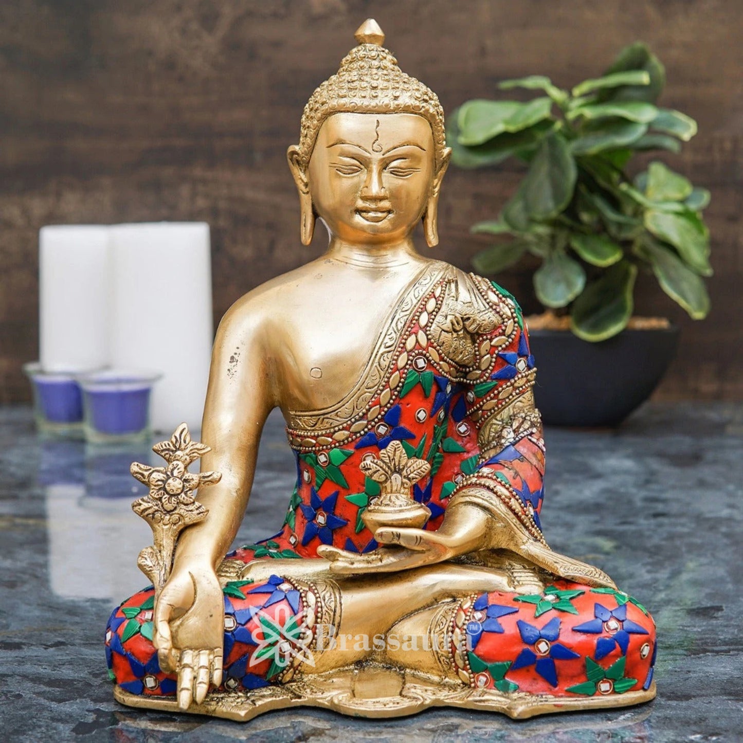 Brass Bhumisprasa Gem Stone Work Multicolored Buddha Weight 4.2 kg & Height 10 Inch