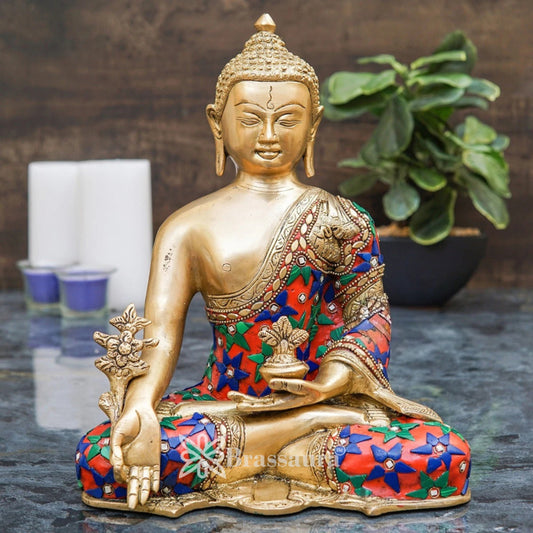 Brass Bhumisprasa Gem Stone Work Multicolored Buddha Weight 4.2 kg & Height 10 Inch