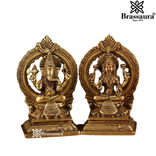 Brassaura® Lakshmi Ganesha Brass Idol Pair with Prabhavali Frame | Traditional Handcrafted Murti Set | Height 7 Inches