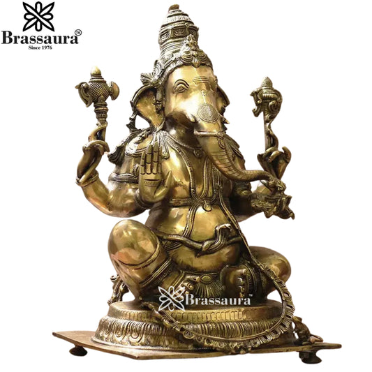 Brassaura® Grand Seated Ganesha Brass Idol | Temple-Inspired Majestic Design | Height 20 Inches