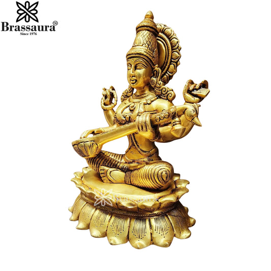 Brassaura™ Classic Brass Saraswati Murti – Height 11 Inches & Weight 5 Kgs | Sacred Home Accent