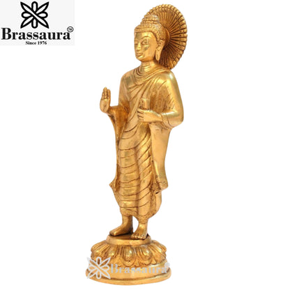 Brassaura® Buddha Standing Idol with Polished Golden Finish | Pure Superfine Brass Handcrafted Murti | Brass Statue for Home Temple, Pooja Room | Height 11 Inches | Weight 2.3 Kgs
