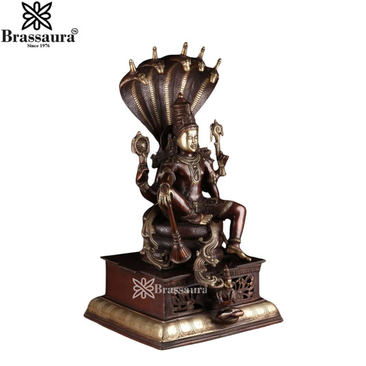 Brassaura® Lord Vishnu Sitting on Sheshnaag Brass Statue | Antique Finish | Height 28 Inches