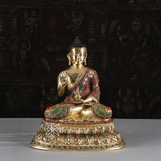 Brass Blessing Gem Stone Work Buddha Weight 7.3 kg & Height 15 Inch