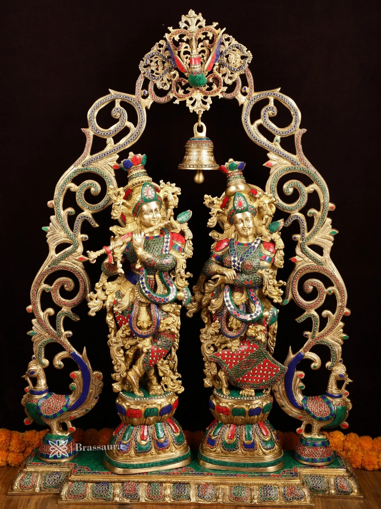 Brassaura™ Brass Radha Krishna Statue with Peacock Temple Arch – 45 Inch Height, 67 Kg | Meenakari Hindu Temple Decor