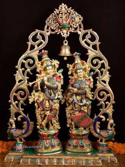 Brassaura™ Brass Radha Krishna Statue with Peacock Temple Arch – 45 Inch Height, 67 Kg | Meenakari Hindu Temple Decor