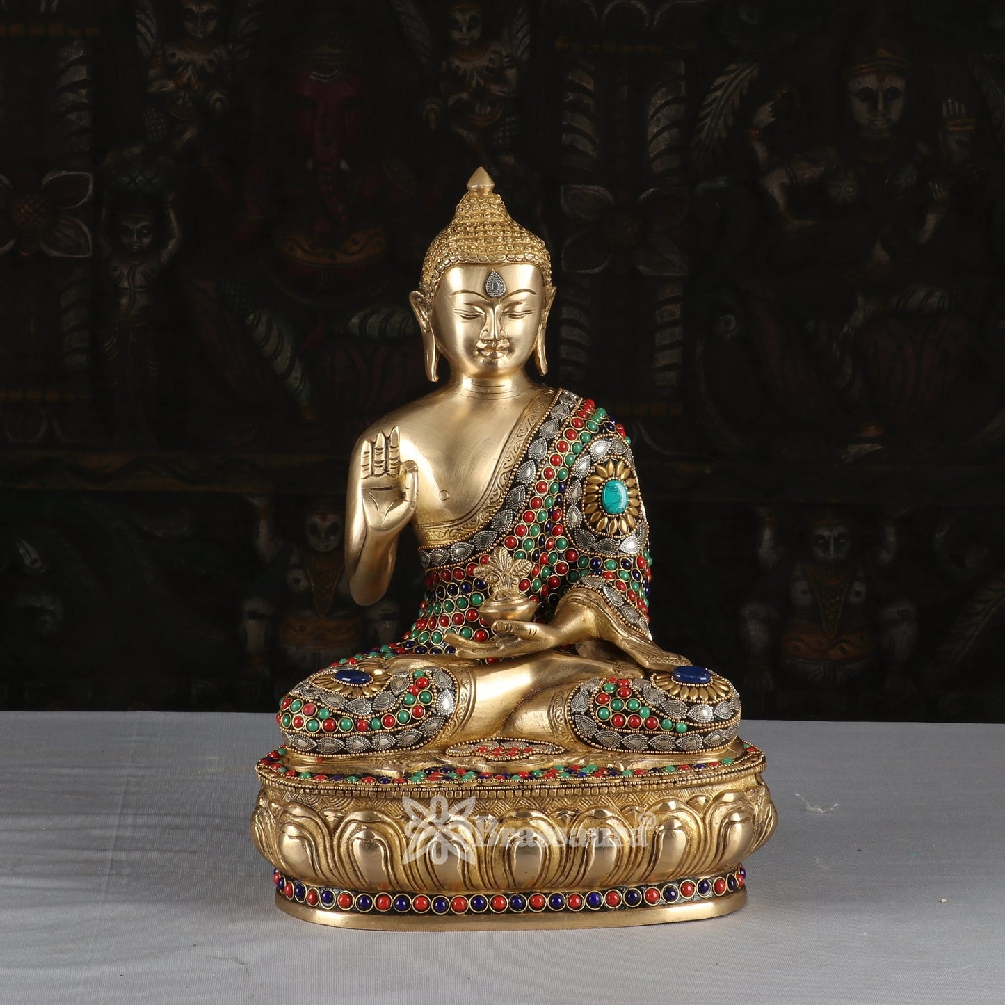 Brass Blessing Gem Stone Work Multicolored Buddha Weight 6.7 kg & Height 13 Inch