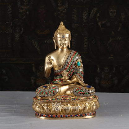Brass Blessing Gem Stone Work Multicolored Buddha Weight 6.7 kg & Height 13 Inch