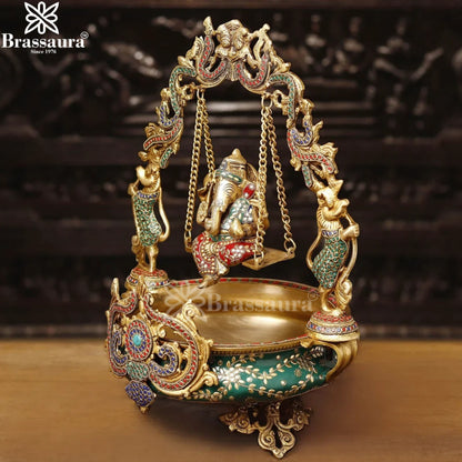 Brass Gem Stone Work Ganesha Urli Statue Weight 12.08 Kg And Height 20 Inch