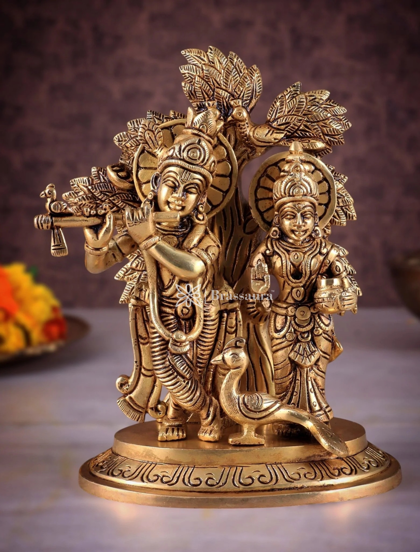 Brassaura™ Superfine Brass Radha Krishna Idol under Kalpavriksha – Height 8 Inches & Weight 2.377 Kgs | Elegant Devotional Statue