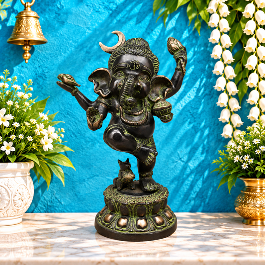 Brassaura® Dancing Baby Ganesha Brass Statue | Green Antique Patina Finish | Height 8.5 Inches & Weight 2.48 Kgs