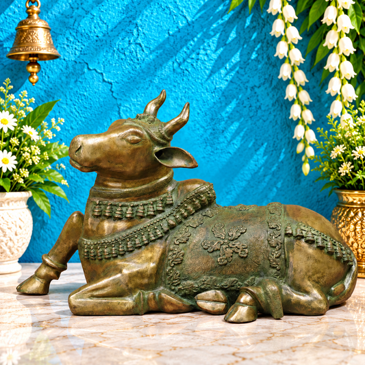 Brassaura® Nandi Bull Reclining Idol with Green Algae Finish | Pure Superfine Brass Handcrafted Murti | Brass Statue for Home Temple, Pooja Room | Height 22 Inches | Weight 27.22 Kgs