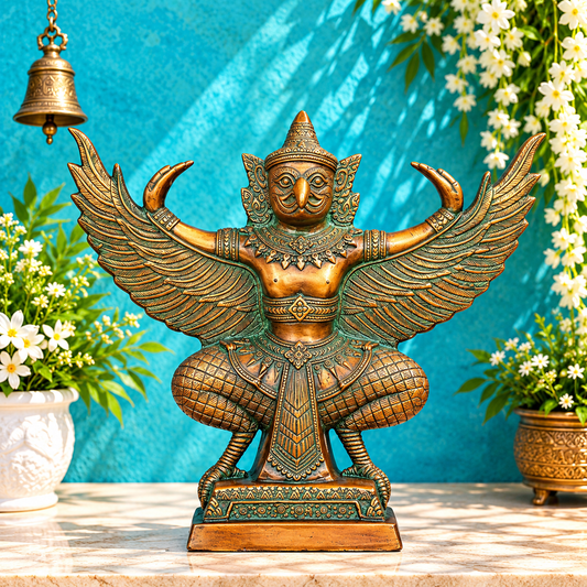 Brassaura® Garuda Open Wings Idol with Multi-Color Finish | Pure Superfine Brass Handcrafted Murti | Brass Statue for Home Temple, Pooja Room | Height 12 Inches | Weight 7 Kgs