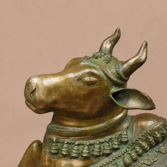 Brassaura® Nandi Bull Reclining Idol with Green Algae Finish | Pure Superfine Brass Handcrafted Murti | Brass Statue for Home Temple, Pooja Room | Height 22 Inches | Weight 27.22 Kgs
