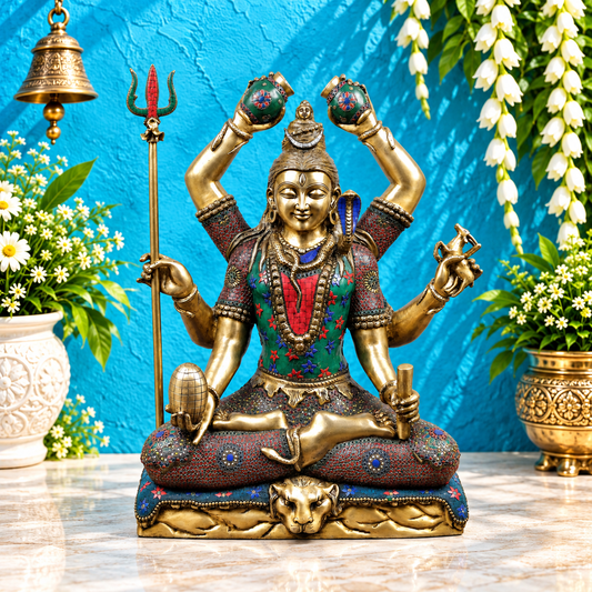ब्रासोरा® वृंदावन वेणुगोपाल कृष्ण पीतल की प्रतिमा मोर के साथ | एंटीक नीला और सुनहरा रंग | ऊँचाई 20 इंच