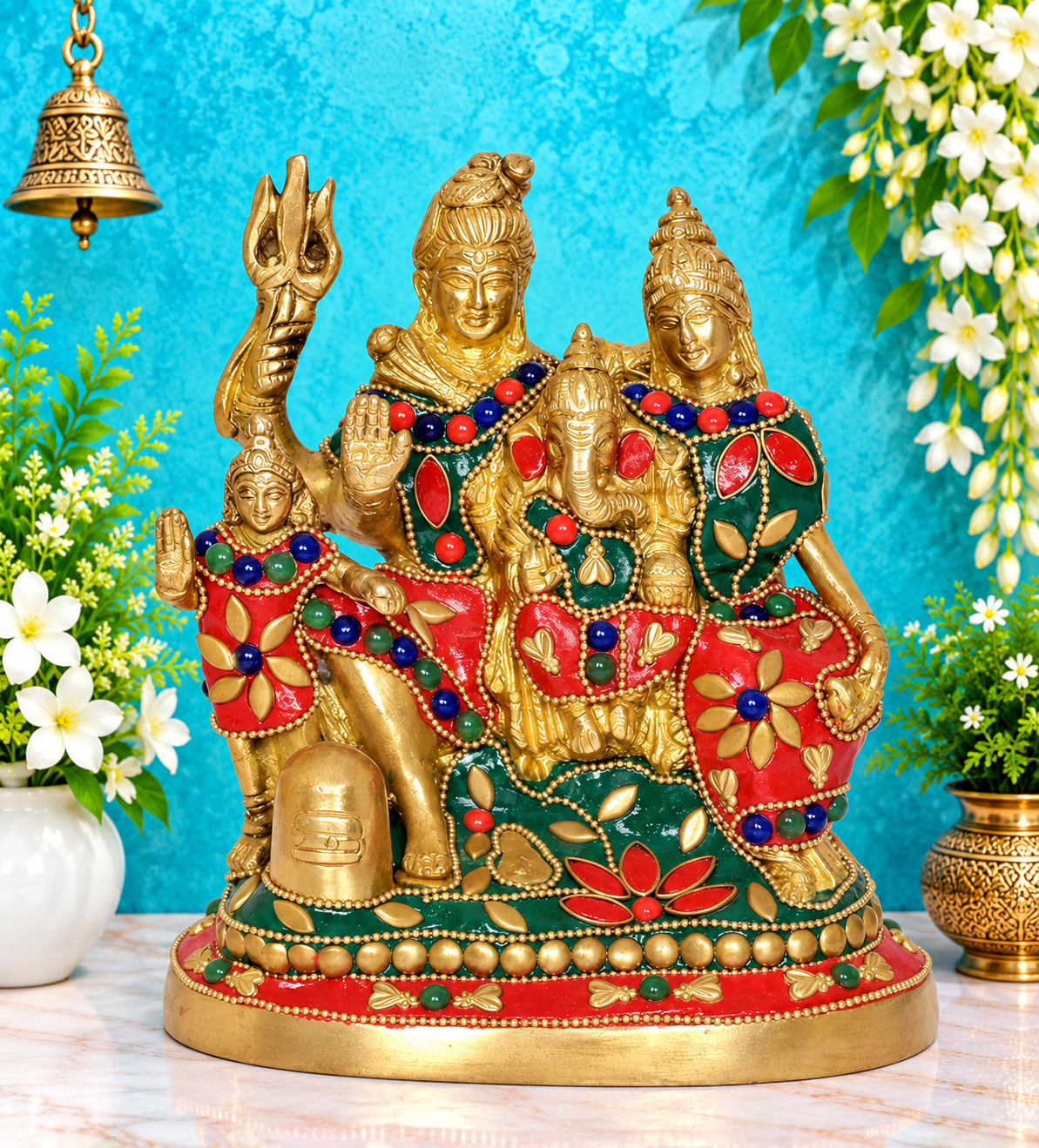 Brassaura® Shiv Parivar Brass Statue with Multicolour Finish | Pure Superfine Brass Handcrafted Murti | Brass Statue for Home Temple, Pooja Room | Height 6 Inches | Weight 1.550 Kgs