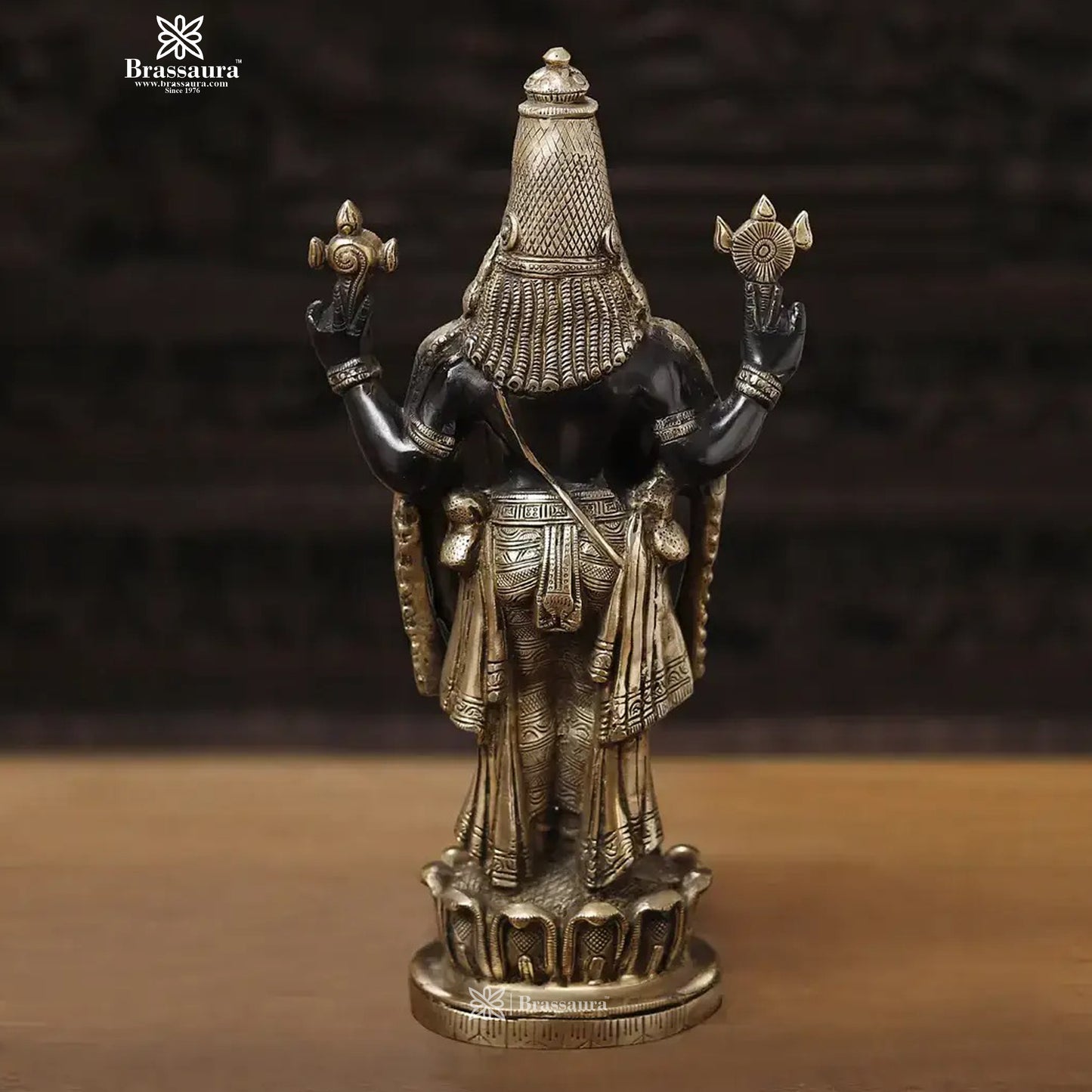 Brass Balaji Standing on Lotus Base, Fine Craftsmanship, Black & Gold Finish 15.5"  Weight 5.84 kg