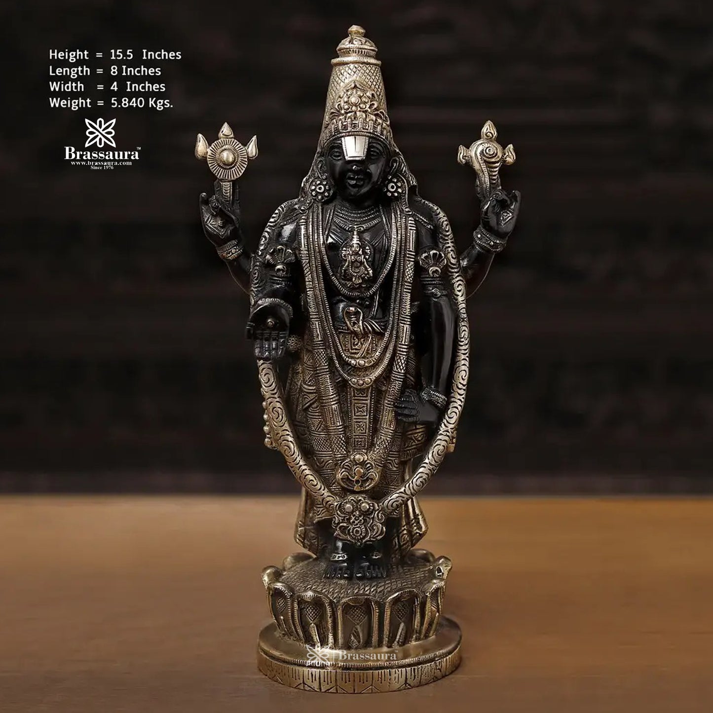 Brass Balaji Standing on Lotus Base, Fine Craftsmanship, Black & Gold Finish 15.5"  Weight 5.84 kg