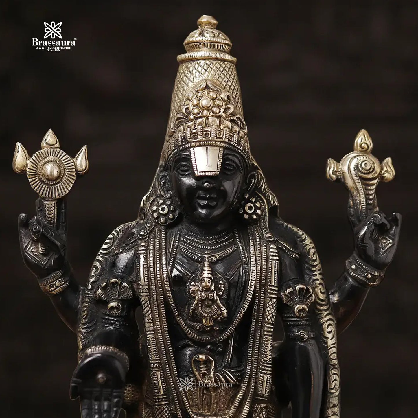 Brass Balaji Standing on Lotus Base, Fine Craftsmanship, Black & Gold Finish 15.5"  Weight 5.84 kg