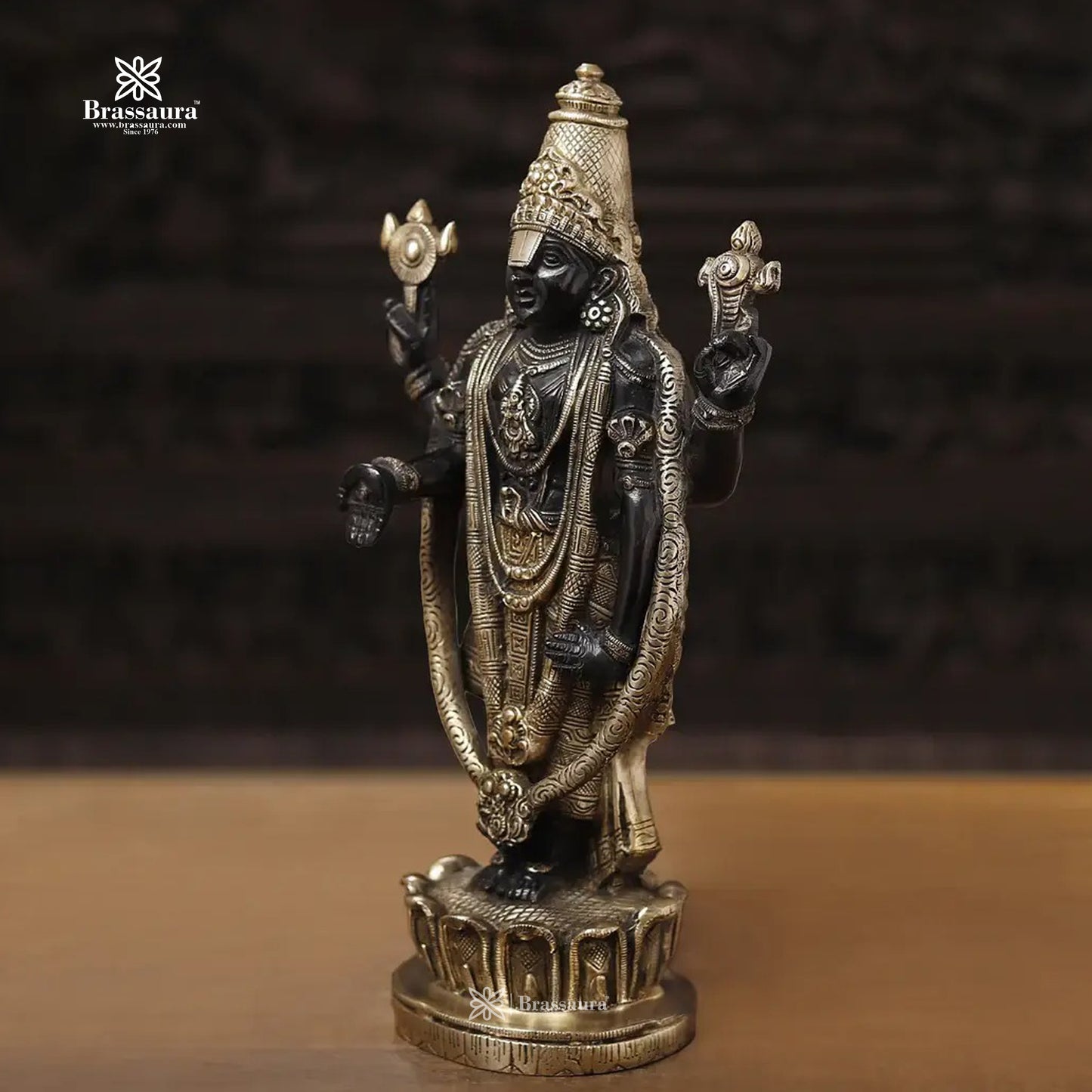 Brass Balaji Standing on Lotus Base, Fine Craftsmanship, Black & Gold Finish 15.5"  Weight 5.84 kg