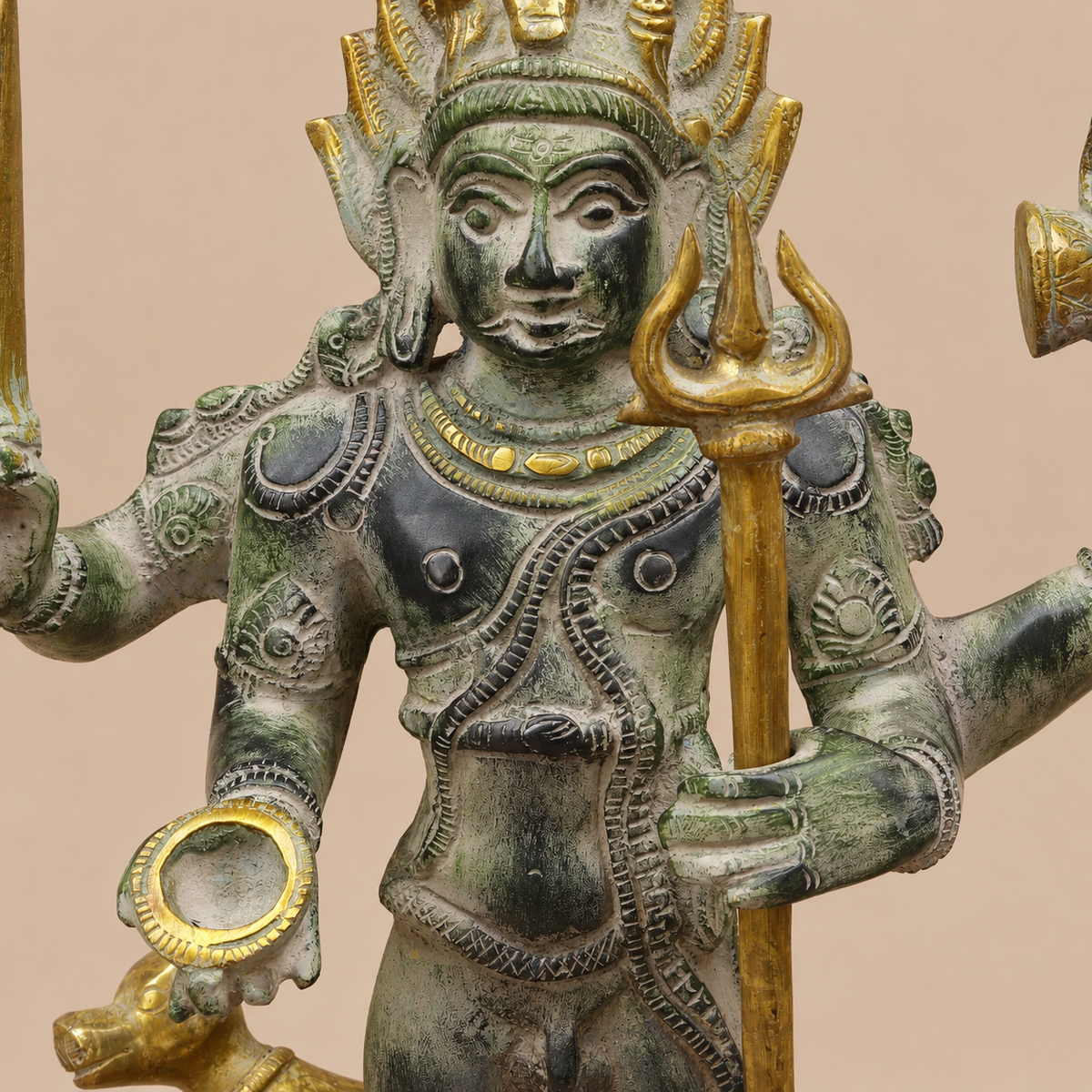 Brassaura® Lord Bhairava Standing Idol with Green & Golden Patina Finish | Pure Superfine Brass Handcrafted Murti | Brass Statue for Home Temple, Pooja Room | Height 17.5 Inches | Weight 8.32 Kgs