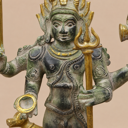 Brassaura® Lord Bhairava Standing Idol with Green & Golden Patina Finish | Pure Superfine Brass Handcrafted Murti | Brass Statue for Home Temple, Pooja Room | Height 17.5 Inches | Weight 8.32 Kgs